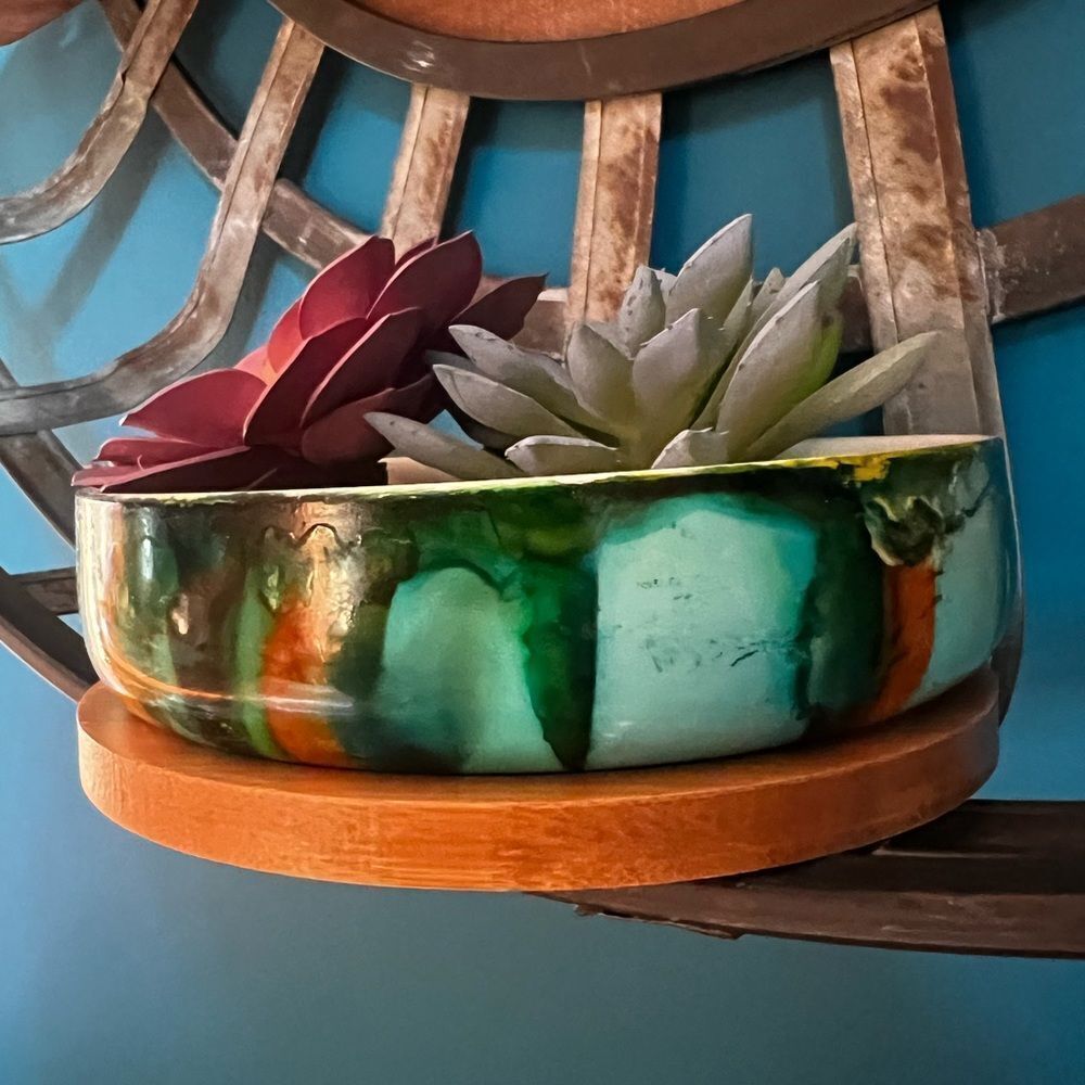 Hand-Painted Ceramic Succulent Planter with Bamboo Tray - Picture 5 of 7